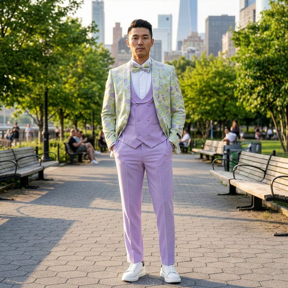 New 2026 Mens 3pc Spring Floral Lilac Suit Set, Skinny Fit